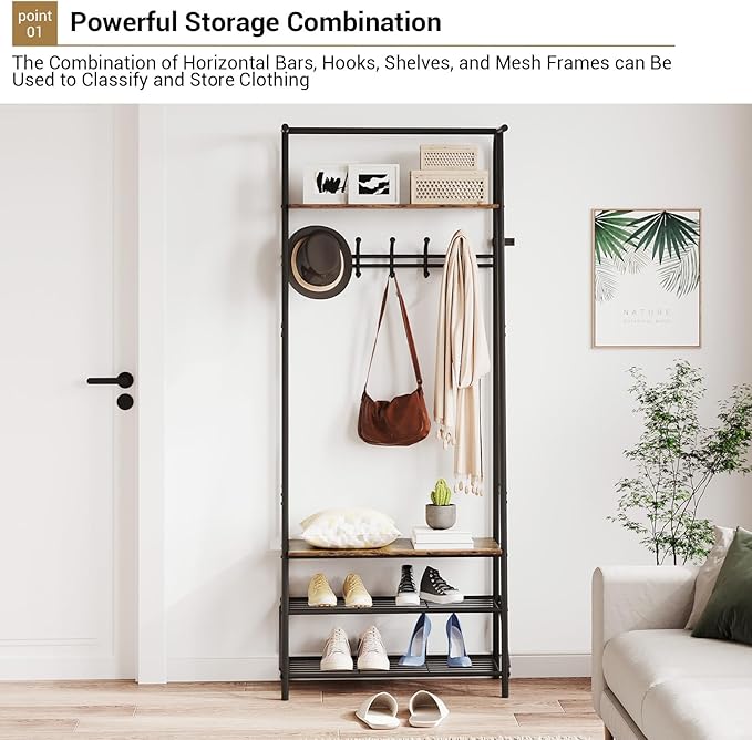 Coat Rack Shoe Bench with Single-Row 5 Hooks 60cm Width, 3-Tier Shelf Entryway Hall Tree with Storage, Metal Frame Multifunctional Organizer, 4-in-1 Coat Rack for Bathroom, Hallway.Grey.