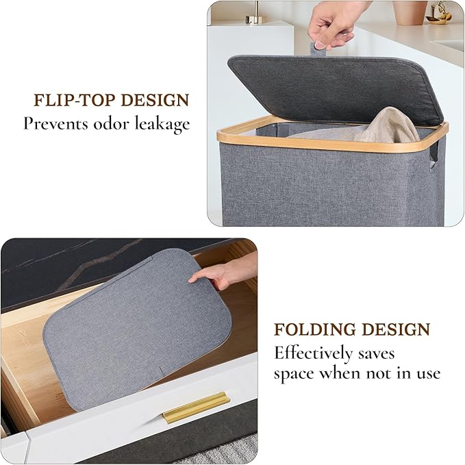 160L Foldable Laundry Baskest with Lid, 3 Section Extra-large Laundry Hamper with Removable Bags and Bamboo Handles for Bathroom, Bedroom & Laundry Room, Grey