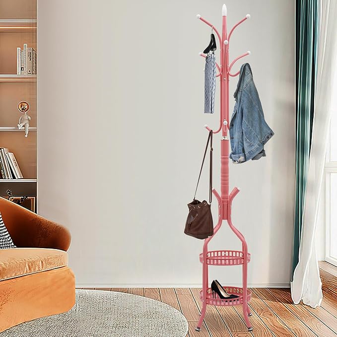 Coat Rack Freestanding,72.8in High Metal Coat Tree with 15 Hooks and Storage Shelves for Entryway Living Room Bedroom Office Use(Pink)