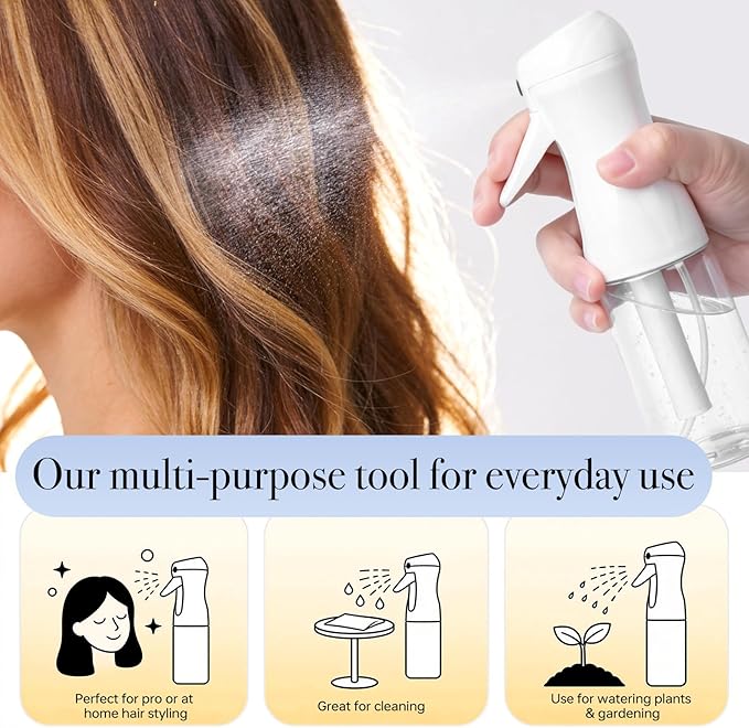 3Pack Continuous Spray Bottle 200ml, Ultra Fine Water Mister Refillable Empty Spray Bottle for Hair Styling, Salon, Skin Care, Cleaning & Plants (6.8oz Clear)