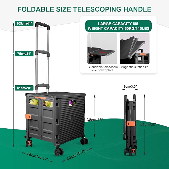 FELICON SELORSS Folding Utility Cart Portable Rolling Crate Handcart with Magnetic Sliding Lid Telescoping Handle Plastic Box Dolly 360°Swivel Wheels for Travel Shop Move Office Teacher(Black Pro)