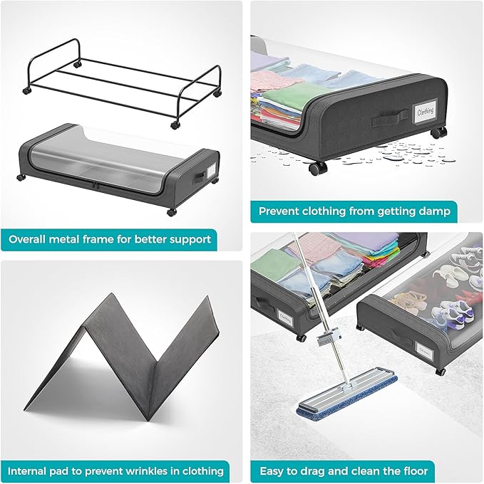 oylik 4 Pack Under Bed Storage with Wheels, Under Bed Shoe Storage Larger Capacity with PVC Clear Window & Label, Under the Bed Storage Containers for Shoe Clothes Toy Book(Grey)