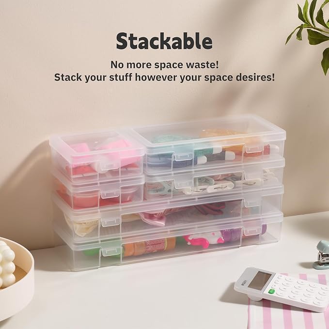 novelinks Plastic Clear Storage Containers for Organizing, Craft Storage Organizers and Stackable Storage Bins with Lids for Pencil Box, Bead, Cookie Cutter, Board Game (3 Small + 3 Medium + 3 Large)
