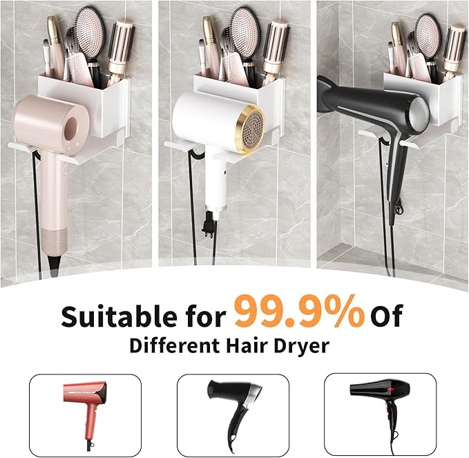 Hair Dryer Holder Wall Mounted, Hair Tools Organizer, Bathroom Space-Saving Blow Dryer Organizer Curling Irons Storage Wall Mounted White (Self-Adhesive and Drilling)