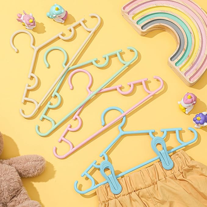 Hsei 5/10/40 Pack Baby Hangers with 10/20/80 Clips, Plastic Kids Pants Hangers for Nursery Closet Top and Bottom Clothes Hanger Set for Newborn Infant Toddler(120 Packs Total,Multicolor,10.6 Inch)