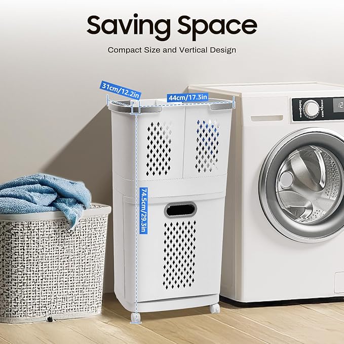 Rolling Laundry Cart, 2-Tier Laundry Hamper with Wheels, White 3 Storage Baskets Breathable Dirty Clothes Basket for Bathroom, Bedroom, Laundry Room