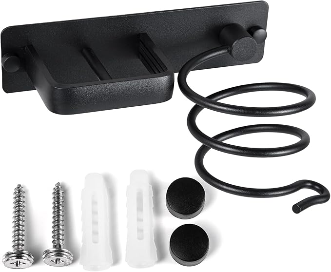 YUET Hair Dryer Holder Hairdryer Station Wall Mounted Spiral Shelf Bracket Stand Hanger Straightener Organizer Blow Storage with Holes Rack for Bathroom Aluminum Professional (Black)