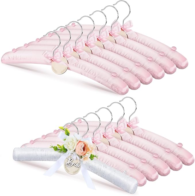 12 Pcs Satin Padded Hangers for Women Clothing White Lace Bride Hangers with Anti Rust Shoulder Hook Non-Slip Buttons and Customizable Tags for Hanging Dresses Sweaters Suits Party Supplies