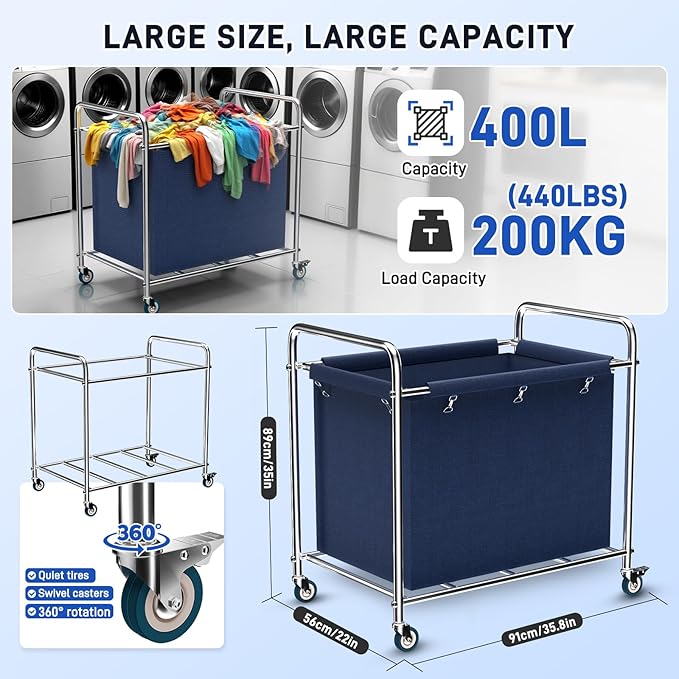 Commercial Laundry Cart with Wheels, 440 lbs Heavy Duty Industrial Laundry Cart with Sturdy Frame and Oxford Bag for Home Hotel Hospital, Rolling Laundry Cart for Home & Hotel, 400L(Blue)