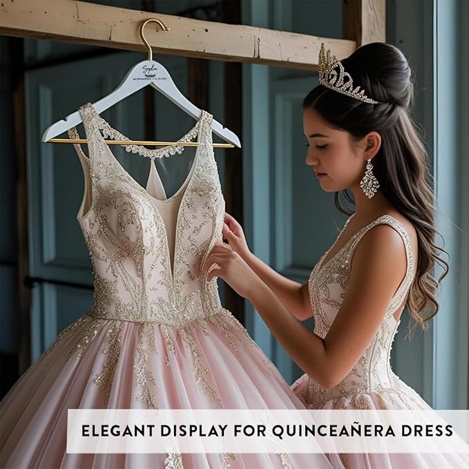 Andaz Press Custom Personalized Quinceañera Hanger, Custom Wooden Quinceañera Dress Hanger for 15 Dress, Elegant Quinceañera Decor & Gift Idea for Dress Display, Photography, Keepsake