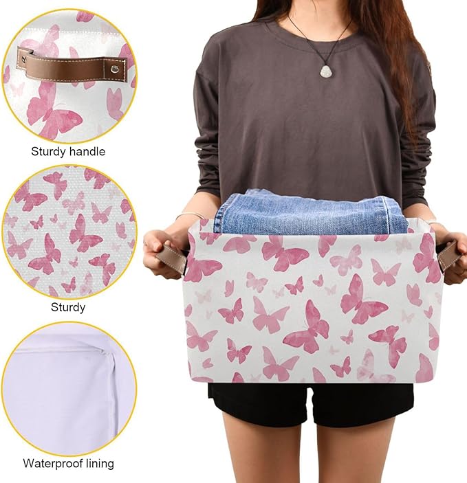 Watercolor Pink Butterfly Storage Basket Bin, Large Cube Storage Box Canvas Collapsible Storage Organizer for Home Office Closet, 2 Pack - 15 L x 11 W x 9.5 H