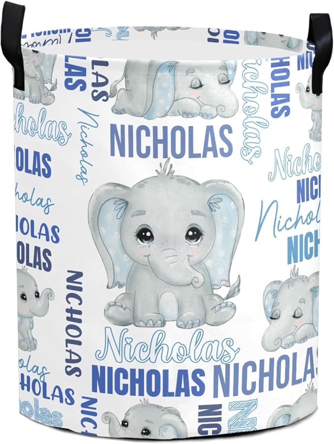 Large Custom Name Laundry Hamper, Elephant Personalized Dirty Clothes Hamper Storage Basket with Name for Bathroom Bedrooms, Customized Name Circular Hamper with Handles for Baby Boys Girls Men Women