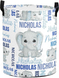 Large Custom Name Laundry Hamper, Elephant Personalized Dirty Clothes Hamper Storage Basket with Name for Bathroom Bedrooms, Customized Name Circular Hamper with Handles for Baby Boys Girls Men Women