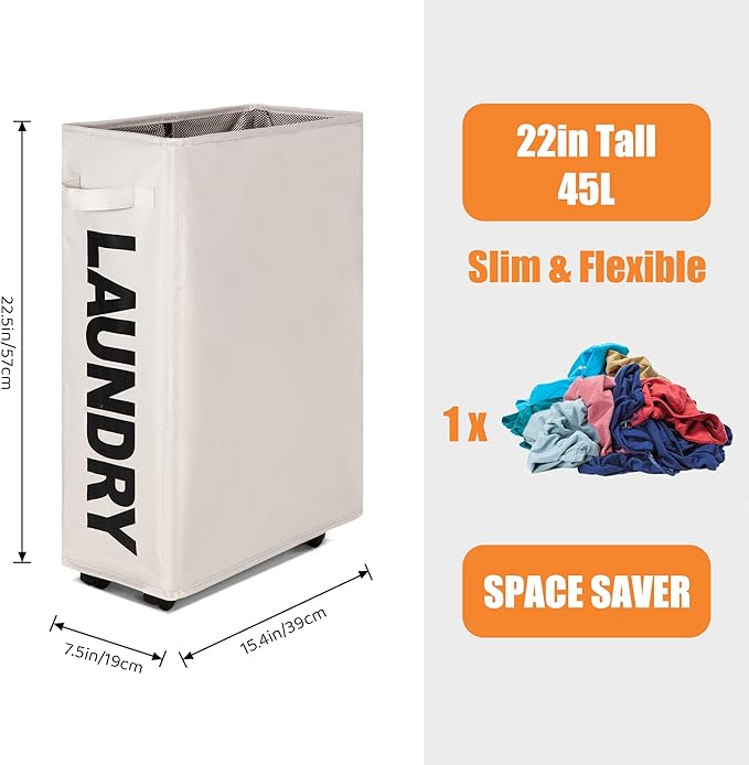 Caroeas 22" Rolling Slim Laundry Basket with Stand Foldable Waterproof Sorter and Organizer on Wheels Tall Thin Dirty Laundry Hamper Basket Home Corner Bin (Beige)