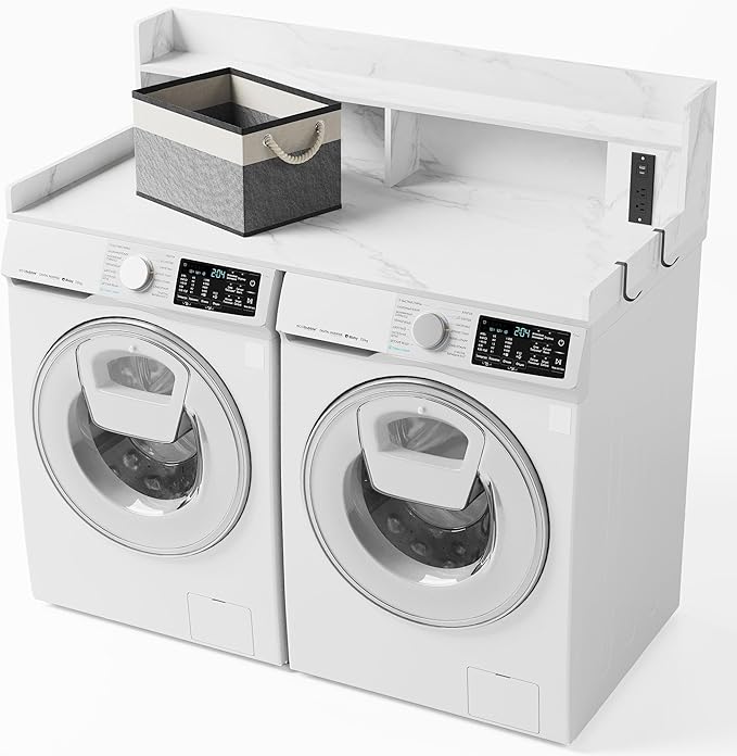 Upgraded 2-Tier Washer and Dryer Countertop with Power Outlet,54" W x 27.6" D Large Laundry Countertop for Fold Clothes, Laundry Topper with Non-Slip Pads & Metal Hooks and Storage Basket