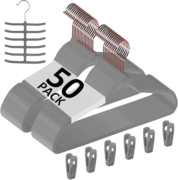 VECELO Premium Velvet Suit Hangers Heavy Duty (50 Pack) - Non Slip & Space-Saving Clothes Hangers with 6 Finger Clips and Tie Rack Excellent for Men and Women (Gray)