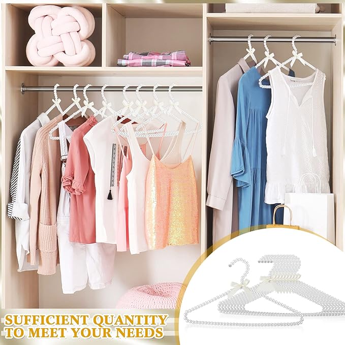 Threan 10 Pcs 16 Inch Pearl Clothes Beaded Clothing Hanger with Ribbon Bowknot Metal Elegant Clothes Standard Hanger for Women Bride Wedding Dress Coat Shirt
