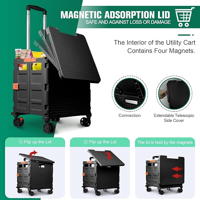 Foldable Utility Cart Folding Portable Rolling Crate with Magnetic Extended Lid,360°Rotate Wheels,176LBS Load Capacity,Heavy Duty Durable Dolly Cart for Teacher Tourist Shopping Office Outdoor