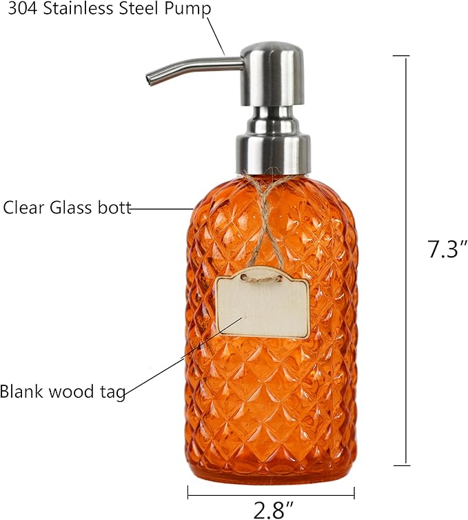 Bathroom & Kitchen Glass Hand and Dish Soap Dispenser with 304 Rustproof Stainless Steel Pump (Orange)