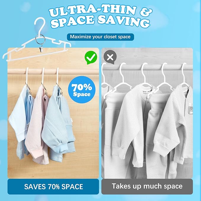 Baby Hangers with Metal Ring Clips, Children Plastic Hanger for Kids Pants Clothes Closet, 20 Pack, White
