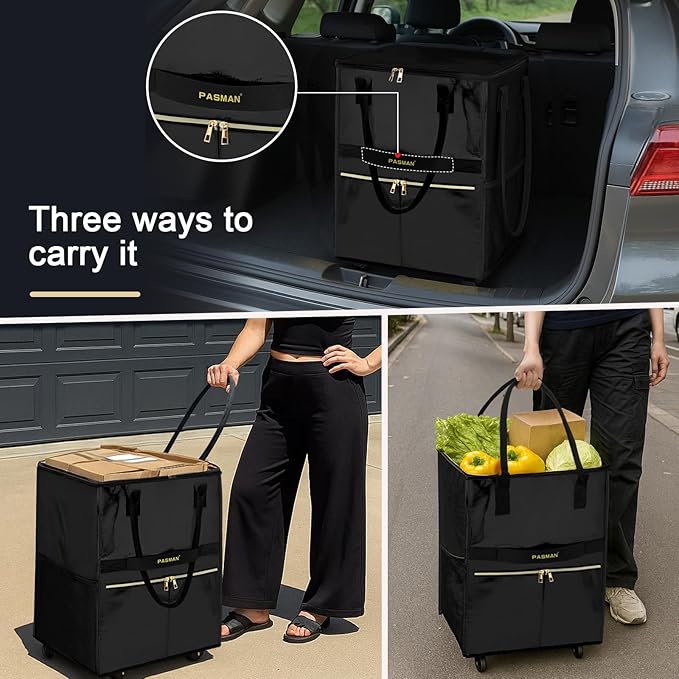 Reusable Grocery Bag on 5 Wheels, Foldable Rolling Tote Bag with Handle and Zipper Cover, 4 Pockets, Heavy Duty Shopping Cart for Laundry, Market & Trave (Black, Medium_67L)