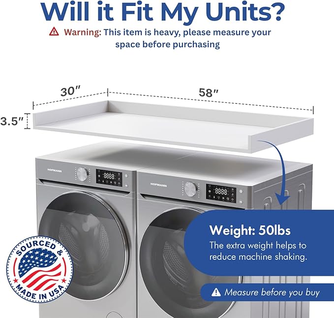 OfficeSimpli Washer Dryer Countertop, Made in USA, Non-Slip Pads, Laundry Room Wood Topper, Washer Dryer Cover for Top, Laundry Countertop, Laminate Finish (Glacier White, Large (30" x 58"))