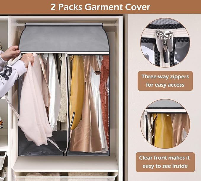 MISSLO 35" Clear Garment Bags for Hanging Clothes Fully Enclosed Coat Covers for Closet Storage with Large Clear Window and 3 Zippers (Rack not included), 2 Packs