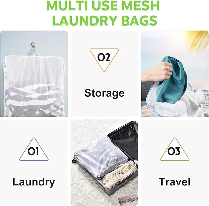 OTraki Large Mesh Laundry Bag 24x32 inch Hanging Lingerie Bag Mesh Laundry Bags with Handles Delicates Hanging Laundry Washing Machine Zipper Opening Wash Bag for Coat Sweater Sock Sheet, White