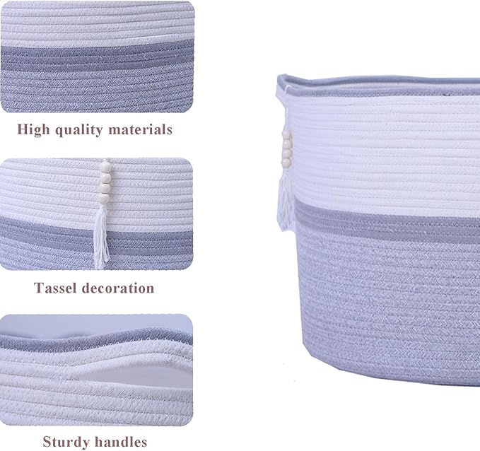 Large Woven Rope Laundry Hamper, Cotton Rope Storage Basket with Handles, Multipurpose Storage Basket for Laundry, Toys, Blankets in Bedroom, Bathroom, Living Room - Stylish & Durable (Gray, 100L)