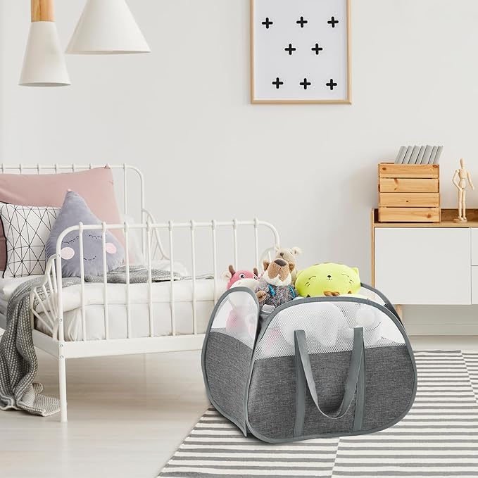 TECHMILLY Pop Up Foldable Laundry Basket, 90L Large Capacity Square & Tear Proof Laundry Hamper with Reinforced Handles for Dirty Clothes Storage in Dorm, Laundry Room, Bathroom, Grey(Fabric)