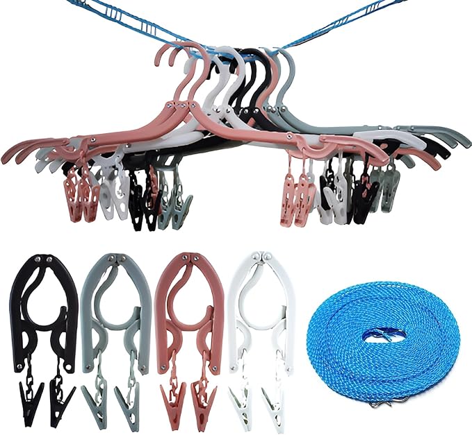 12 Foldable Travel Hangers with Clips, Folding Collapsible Clothes Hangers with Portable Clothesline, Cruise Camping Travel Essentials and Accessories - Black White Multicolor - 13 Piece Set