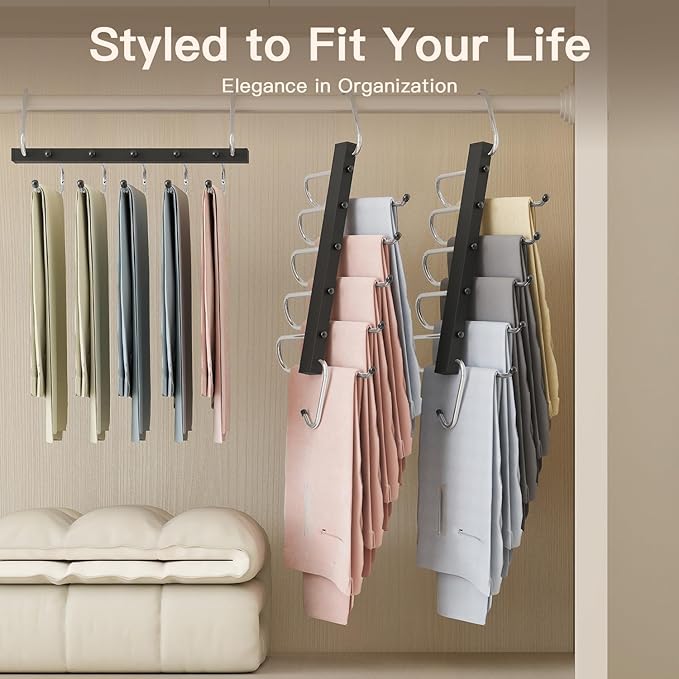 4 Pack Pants Hangers Space Saving - Closet Organizer and Storage Jean Hangers, Stainless Steel Clothes Hanger Scarf Holder for Pants Jeans Leggings Trousers Pant Rack, Black