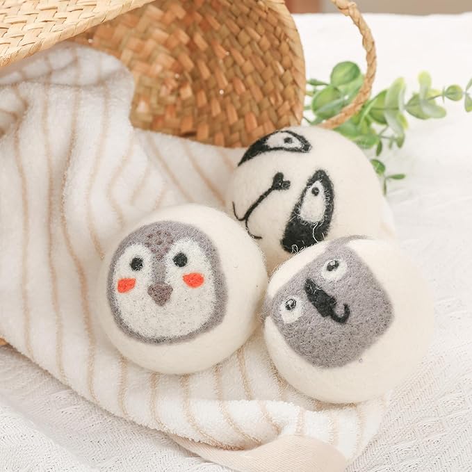 Wool Dryer Balls 3 Pack XL, Natural Fabric Softener New Zealand Wool，Handmade Organic Laundry Dryer Balls, Reusable 1000 Loads,Wrinkles Free, Shorten Drying Time（3 Pack,Animal Pattern）
