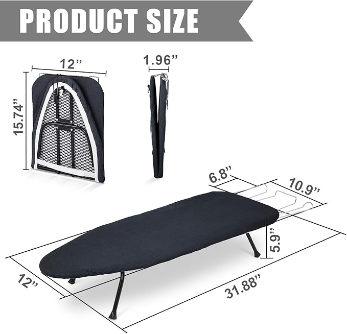 Tioncy Metal Foldable Tabletop Ironing Board with Iron Rest, Metal Portable Ironing Board Small with Heat Resistant Cotton Cover and Mini Non Slip Feet for Home Laundry Rooms Dorms Travel(Black)