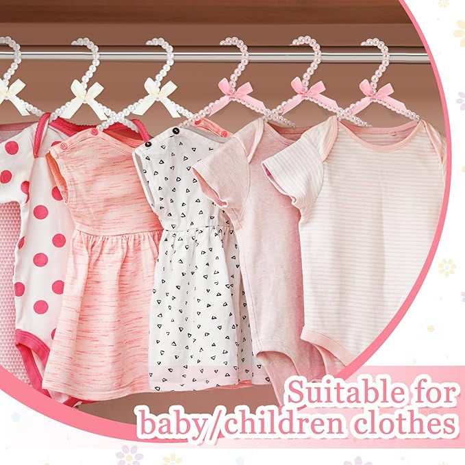 Threan White Pink 12 Pcs Pearl Beaded Clothes Hanger Mini Pearl Beads Small Metal Clothes Hangers with Ribbon Standard for Kids Baby Children Pet Dog