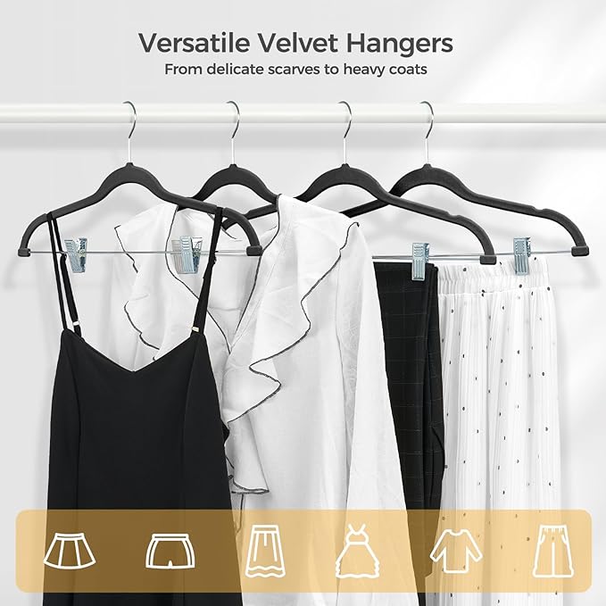 HOUSE DAY Velvet Hangers with Adjustable Clips 20 Pack, Non-Slip Suit Organizer with 360° Hook - Heavy Duty Hanger for Pants, Skirts, Blouses, Dresses - Outfit Hangers All-Season Space Saver (Black)