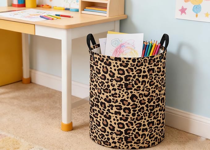ESSME Kids Laundry Basket,Leopard print Hamper Collapsible Canvas Storage Bin for Girls, Cute Hamper,Gift Baskets(Leopard print)