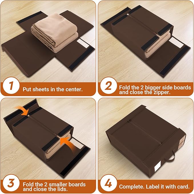 2 Pack Bed Sheet Closet Organizers and Storage,Sturdy Foldable Storage Containers with Window and Label,Storage and Organization for Bedding Sheets,Duvet Covers,Blankets (Brown)