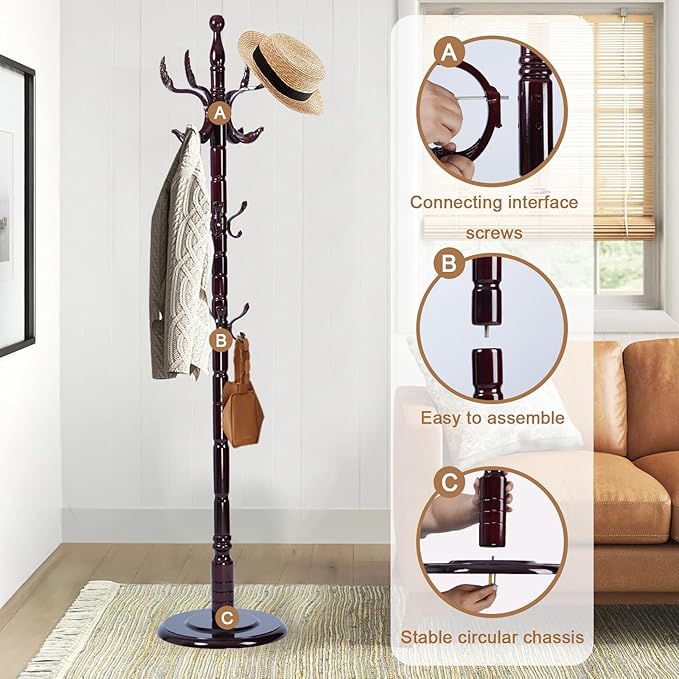 Solid Wood Coat Rack, Free Standing Hall Coat Tree with 14 Hooks, 3 Height Options, 300lbs Load, Stury Base, Clothes Rack for Entryway, Hallway, Bedroom (Disc Base - Wooden Phoenix Hook)