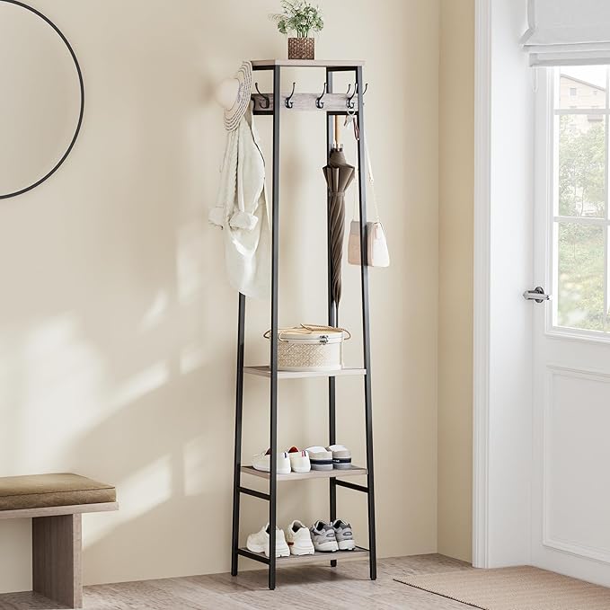 Coat Rack Freestanding, Coat Stand with 3 Shelves and 7 Hooks, Hall Tree Free Standing, Clothes Rack Stand Organizer, Industrial Style, Greige and Black