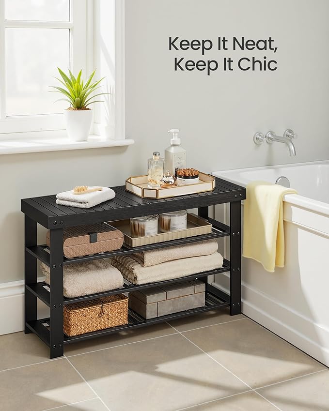 SONGMICS Shoe Rack Bench, 4 Tier Bamboo Shoe Storage Organizer, Entryway Bench, for Living Room, Bathroom, Bedroom, 11.3 x 35.2 x 20.5 Inches, Ink Black ULBS390BH01