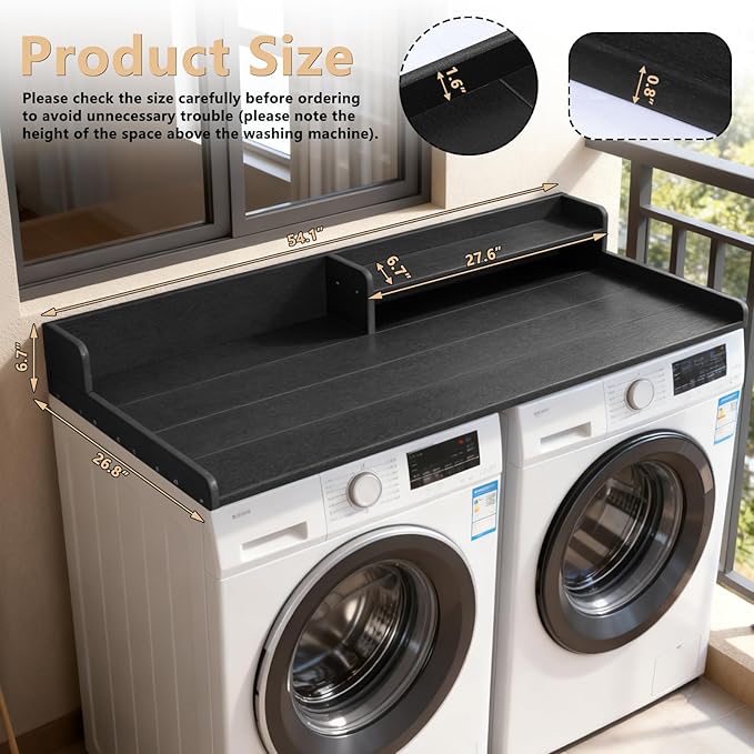 Washer and Dryer Countertop with Shelf, HDPE 2-Tier Laundry Countertop, 54" Wide Laundry Machine Topper with 2 Hooks & Non-Slip Pads for Laundry Room Organization and Folding Clothes (Black)