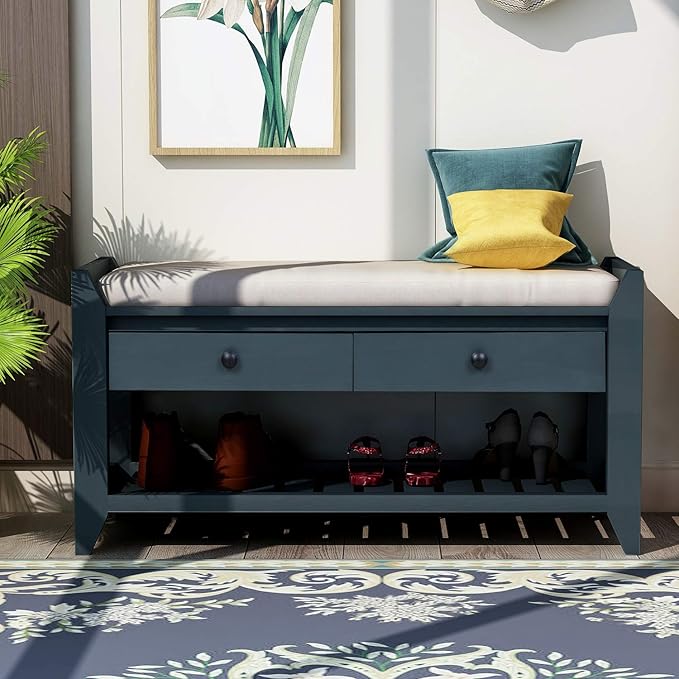 Harper & Bright Designs TREXM Shoe Rack with Cushioned Seat and Drawers, Multipurpose Entryway Storage Bench (Antique Navy)