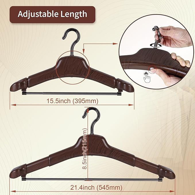 2-Pack Wood-Colored ABS Clothes Hangers with Adjustable Arms for Suits,Jacket,Dress, Shirt, Great Closet Organization&Storage