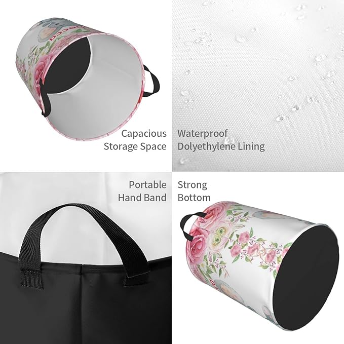 Pink Rose Elephant Personalized Laundry Hamper Custom with Name Collapsible Waterproof Storage Basket with Handles for Bedroom Decor Gift.