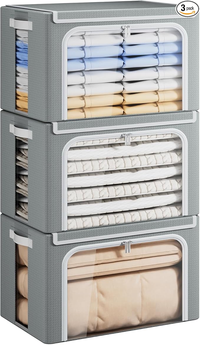 Yecaye Large Clothes Storage Bins with Metal Frame, Foldable Clothing Storage Bin with Lid, Stackable Oxford Fabric Organizer Box With Clear Window & Zippers & PU Leather Handles (3 Pack, Grey, 66L)