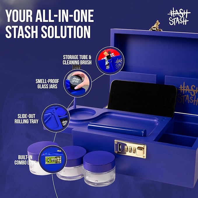 The OG Storage Box - Large Bamboo Box with Combination Lock, Magnetic Lid, Organizer Tray, Airtight Tube and 3 Jars - Discreet Decorative Locking Wooden Box with Accessories (Royal Blue/Gold)