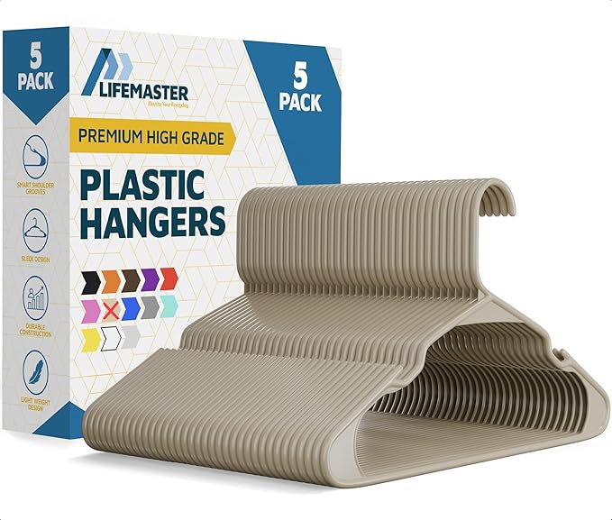 Lifemaster Plastic Clothes Hangers – Heavy Duty Hanger Set, for Organizing Clothes, Dresses, and Coat, Holds Up to 5 lbs, Space-Saving Hangers with Non-Slip Shoulder Grooves, Pack of 5, Ivory