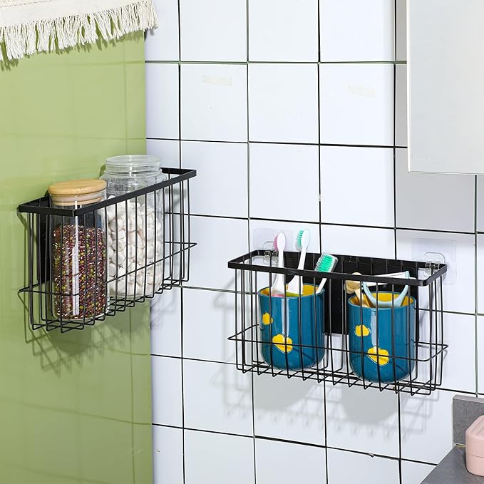 Menkxi 3 Pcs Magnetic or Adhesive Refrigerator Organizer Magnetic Baskets Kitchen Holder for Refrigerator Metal Shelf Rack Storage with 2 Types of Installation(Black)