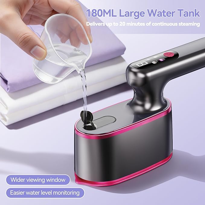 Portable Handheld Travel Steamer for Clothes, 2-in-1 Steamer & Iron 4 Modes LCD Display, Garment Steamer 1200W 15S Fast Heat-up 180ml Tank for 20Min Penetrating Steam Wrinkle Removal, 100-120V